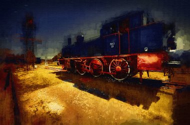 Küçük lokomotif, buhar, fotoğrafçılık, paslı, vagon, tren, sanat, illüstrasyon, çizim, eskiz, antika, retro, vintage.