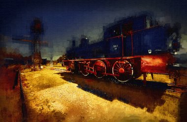 Küçük lokomotif, buhar, fotoğrafçılık, paslı, vagon, tren, sanat, illüstrasyon, çizim, eskiz, antika, retro, vintage.