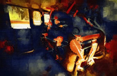 Buhar trenindeki makine odası, fotoğrafçılık, paslı, vagon, sanat, illüstrasyon, çizim, çizim, eskiz, antika, retro, vintage.