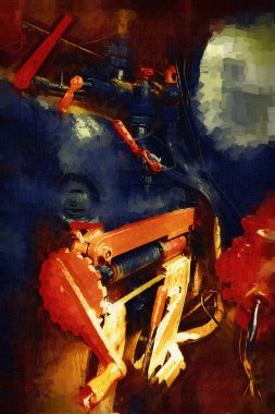 Buhar trenindeki makine odası, fotoğrafçılık, paslı, vagon, sanat, illüstrasyon, çizim, çizim, eskiz, antika, retro, vintage.