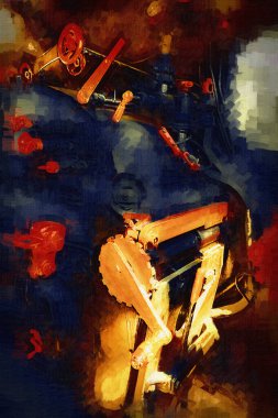 Buhar trenindeki makine odası, fotoğrafçılık, paslı, vagon, sanat, illüstrasyon, çizim, çizim, eskiz, antika, retro, vintage.