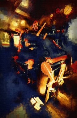 Buhar trenindeki makine odası, fotoğrafçılık, paslı, vagon, sanat, illüstrasyon, çizim, çizim, eskiz, antika, retro, vintage.