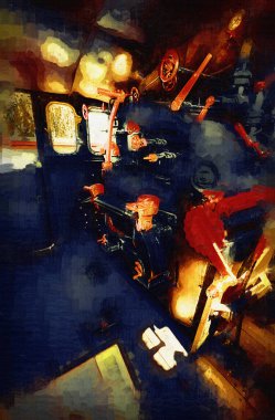 Buhar trenindeki makine odası, fotoğrafçılık, paslı, vagon, sanat, illüstrasyon, çizim, çizim, eskiz, antika, retro, vintage.