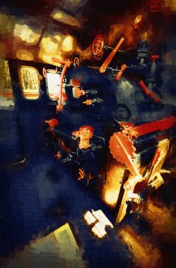 Buhar trenindeki makine odası, fotoğrafçılık, paslı, vagon, sanat, illüstrasyon, çizim, çizim, eskiz, antika, retro, vintage.