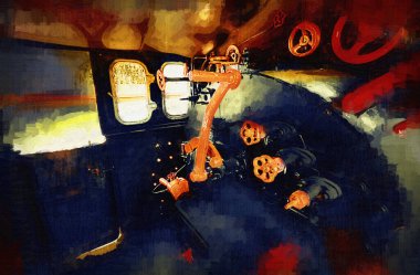 Buhar trenindeki makine odası, fotoğrafçılık, paslı, vagon, sanat, illüstrasyon, çizim, çizim, eskiz, antika, retro, vintage.