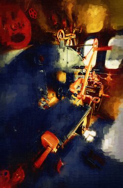 Buhar trenindeki makine odası, fotoğrafçılık, paslı, vagon, sanat, illüstrasyon, çizim, çizim, eskiz, antika, retro, vintage.