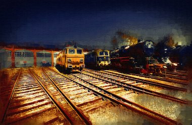 Farklı türde eski lokomotifler, tren, fotoğraf, paslı, vagon, sanat, illüstrasyon, çizim, eskiz, antika, antika, antika, antika.