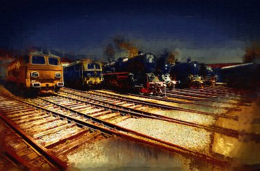 Farklı türde eski lokomotifler, tren, fotoğraf, paslı, vagon, sanat, illüstrasyon, çizim, eskiz, antika, antika, antika, antika.