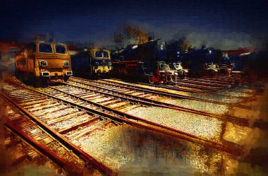 Farklı türde eski lokomotifler, tren, fotoğraf, paslı, vagon, sanat, illüstrasyon, çizim, eskiz, antika, antika, antika, antika.