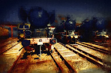 Farklı türde eski lokomotifler, tren, fotoğraf, paslı, vagon, sanat, illüstrasyon, çizim, eskiz, antika, antika, antika, antika.