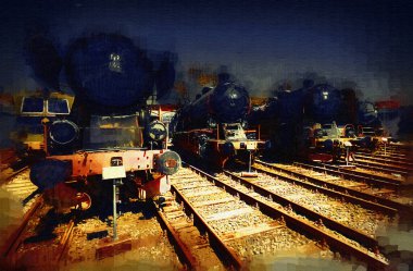 Farklı türde eski lokomotifler, tren, fotoğraf, paslı, vagon, sanat, illüstrasyon, çizim, eskiz, antika, antika, antika, antika.