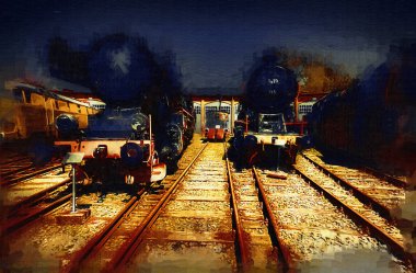 Farklı türde eski lokomotifler, tren, fotoğraf, paslı, vagon, sanat, illüstrasyon, çizim, eskiz, antika, antika, antika, antika.