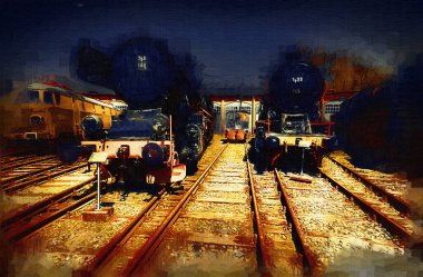 Farklı türde eski lokomotifler, tren, fotoğraf, paslı, vagon, sanat, illüstrasyon, çizim, eskiz, antika, antika, antika, antika.