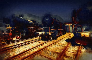 Farklı türde eski lokomotifler, tren, fotoğraf, paslı, vagon, sanat, illüstrasyon, çizim, eskiz, antika, antika, antika, antika.