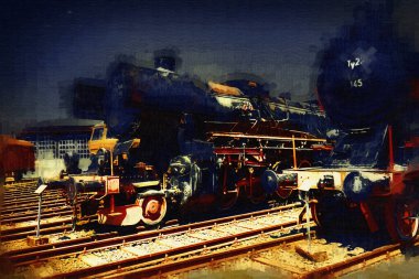 Farklı türde eski lokomotifler, tren, fotoğraf, paslı, vagon, sanat, illüstrasyon, çizim, eskiz, antika, antika, antika, antika.