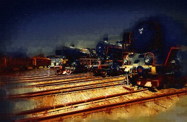 Farklı türde eski lokomotifler, tren, fotoğraf, paslı, vagon, sanat, illüstrasyon, çizim, eskiz, antika, antika, antika, antika.