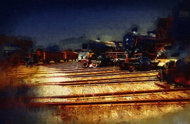 Farklı türde eski lokomotifler, tren, fotoğraf, paslı, vagon, sanat, illüstrasyon, çizim, eskiz, antika, antika, antika, antika.
