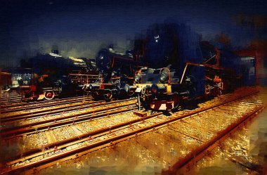 Farklı türde eski lokomotifler, tren, fotoğraf, paslı, vagon, sanat, illüstrasyon, çizim, eskiz, antika, antika, antika, antika.