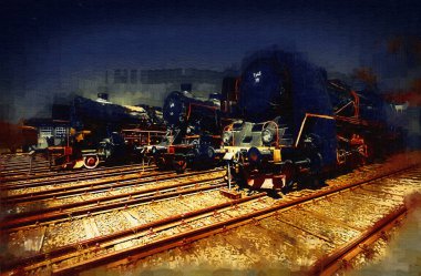 Farklı türde eski lokomotifler, tren, fotoğraf, paslı, vagon, sanat, illüstrasyon, çizim, eskiz, antika, antika, antika, antika.