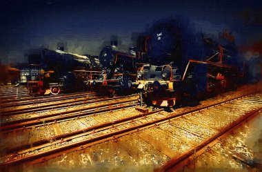 Farklı türde eski lokomotifler, tren, fotoğraf, paslı, vagon, sanat, illüstrasyon, çizim, eskiz, antika, antika, antika, antika.