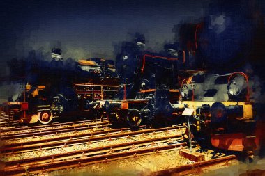 Farklı türde eski lokomotifler, tren, fotoğraf, paslı, vagon, sanat, illüstrasyon, çizim, eskiz, antika, antika, antika, antika.