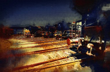 Farklı türde eski lokomotifler, tren, fotoğraf, paslı, vagon, sanat, illüstrasyon, çizim, eskiz, antika, antika, antika, antika.