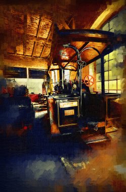 Eski buhar traktörü, tren, fotoğrafçılık, paslı, wagon, art, illüstrasyon, çizim, skeç, antika, retro, vintage.