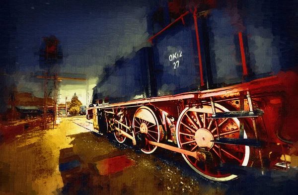 Pequeña Locomotora Vapor Fotografía Oxidado Vagón Tren Arte Ilustración Dibujo —  Fotos de Stock