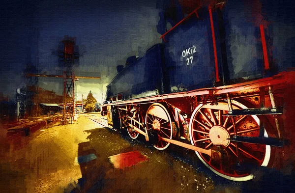 Pequeña Locomotora Vapor Fotografía Oxidado Vagón Tren Arte Ilustración Dibujo —  Fotos de Stock