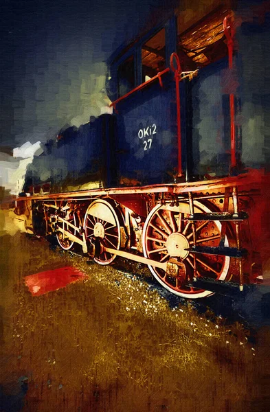 Locomotiva Pequena Vapor Fotografia Enferrujado Vagão Trem Arte Ilustração Puxando — Fotografia de Stock