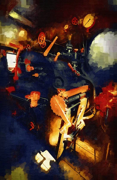 Buhar trenindeki makine odası, fotoğrafçılık, paslı, vagon, sanat, illüstrasyon, çizim, çizim, eskiz, antika, retro, vintage.