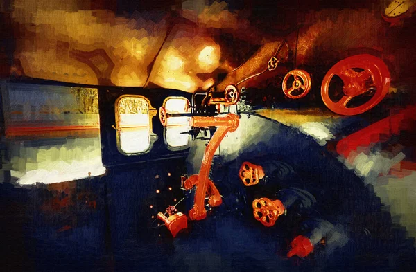 Maszynownia Pociąg Parowy Fotografia Zardzewiały Wagon Sztuka Ilustracja Rysunek Szkic — Zdjęcie stockowe