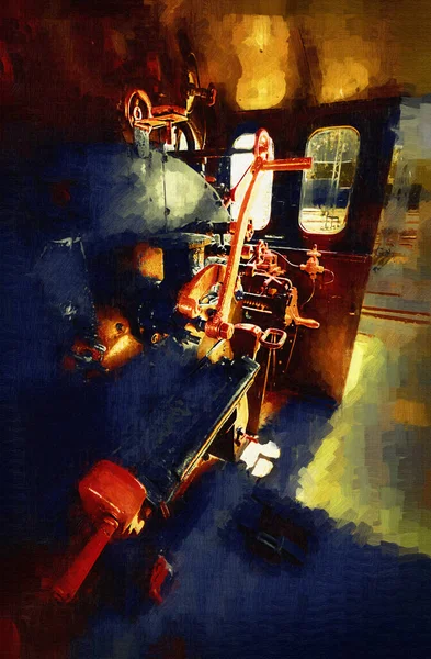 蒸気機関車 ワゴン アート イラスト ドローイング スケッチ アンティーク レトロ ヴィンテージのエンジンルーム — ストック写真