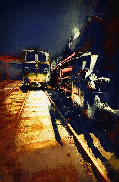 Diferentes Tipos Locomotoras Antiguas Tren Fotografía Oxidado Vagón Arte Ilustración — Foto de Stock