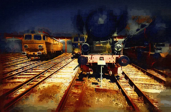 Tipo Diferente Locomotivas Velhas Trem Fotografia Enferrujado Vagão Arte Ilustração — Fotografia de Stock