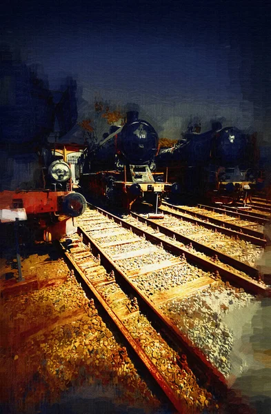 Diferentes Tipos Locomotoras Antiguas Tren Fotografía Oxidado Vagón Arte Ilustración — Foto de Stock