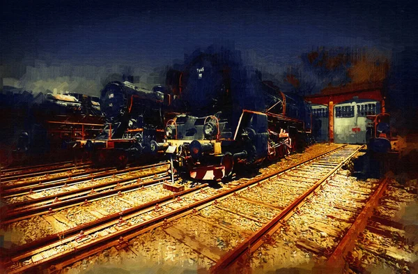 Olika Typer Gamla Lok Tåg Fotografi Rostig Vagn Konst Illustration — Stockfoto