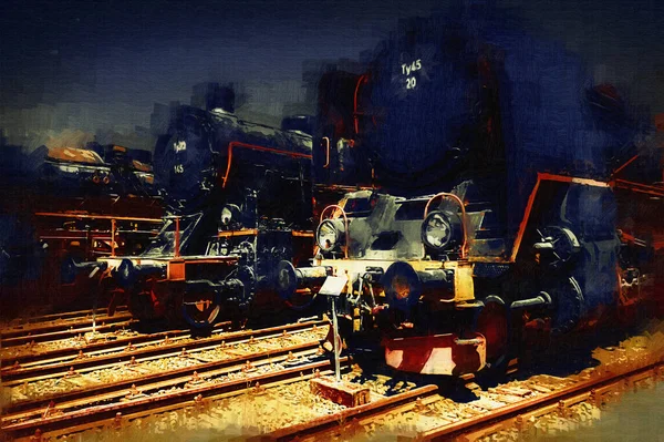 Különböző Típusú Régi Mozdonyok Vonat Fotózás Rozsdás Kocsi Művészet Illusztráció — Stock Fotó