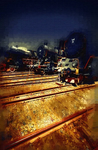 Different Type Old Locomotives Train Photography Rusty Wagon Art Illustration — Stock Photo, Image