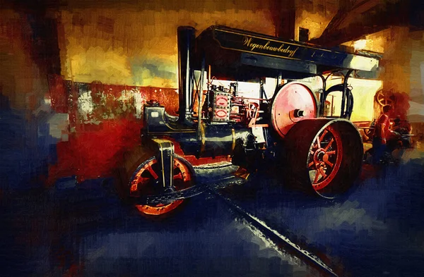 古い蒸気トラクター ワゴン アート イラスト スケッチ アンティーク レトロ ヴィンテージ — ストック写真