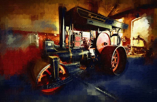 Viejo Tractor Vapor Tren Fotografía Oxidado Carro Arte Ilustración Dibujo — Foto de Stock