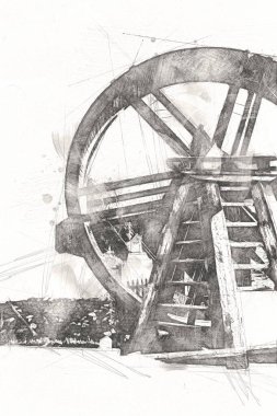 Conwy Castle eski kaldırma ekipmanı sanat illüstrasyonu antika eskiz