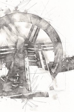 Conwy Castle eski kaldırma ekipmanı sanat illüstrasyonu antika eskiz