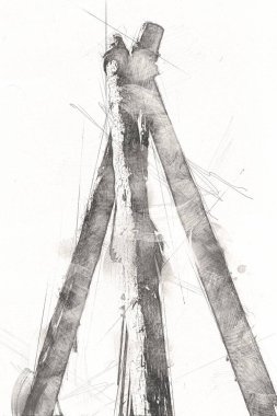 Bir inşaat sahasında ortaçağ vinci, eski çağlar, sanat illüstrasyonu antika eskiz