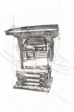 Asılı ahşap kovası, ahşap çatısı, yaşlılığı, sanat illüstrasyonları antika eskizi olan antik artezyen kuyusu.