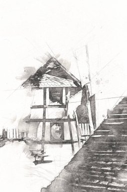 Eski bir yel değirmeni fotoğraf klasiği çizimi