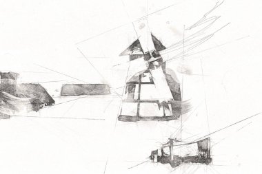 Eski bir yel değirmeni fotoğraf klasiği çizimi