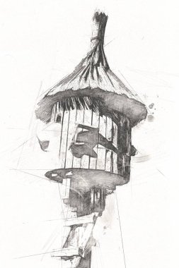 Arka bahçede kuş besleme, ortaçağ tarihi sanat illüstrasyonu antika eskiz