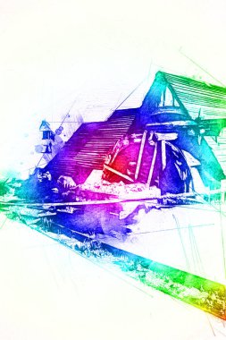 Gümüş, altın, bakır madeni, ortaçağ tarihi sanat illüstrasyonu antika eskiz.