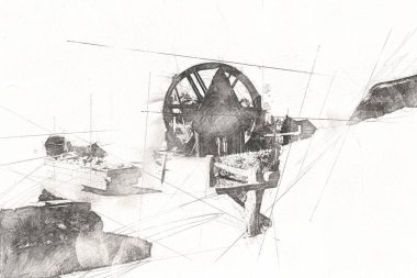 Ortaçağ maden yerleşiminde altın durulama yalakları, ortaçağ tarihi sanat illüstrasyonları antika eskizler